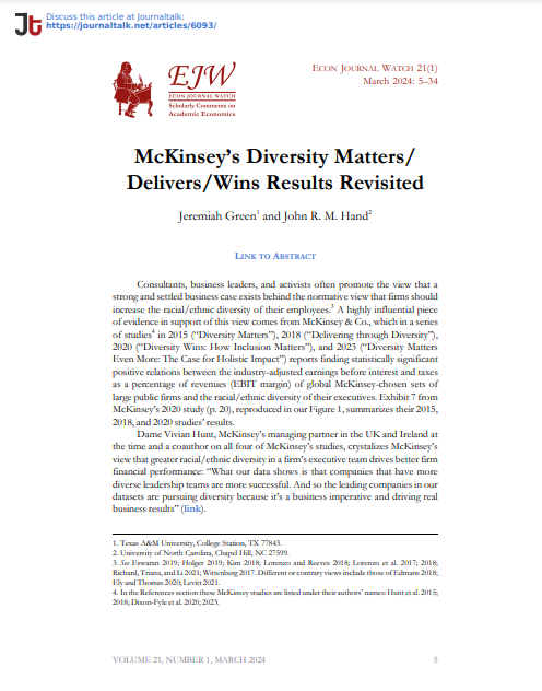 Over the past few years, @McKinsey has released at least 4 studies claiming a positive relationship between DEI and firm performance. A new paper published today in @EconJWatch finds these results can't be replicated. ''Our inability to [replicate] their results suggests that…