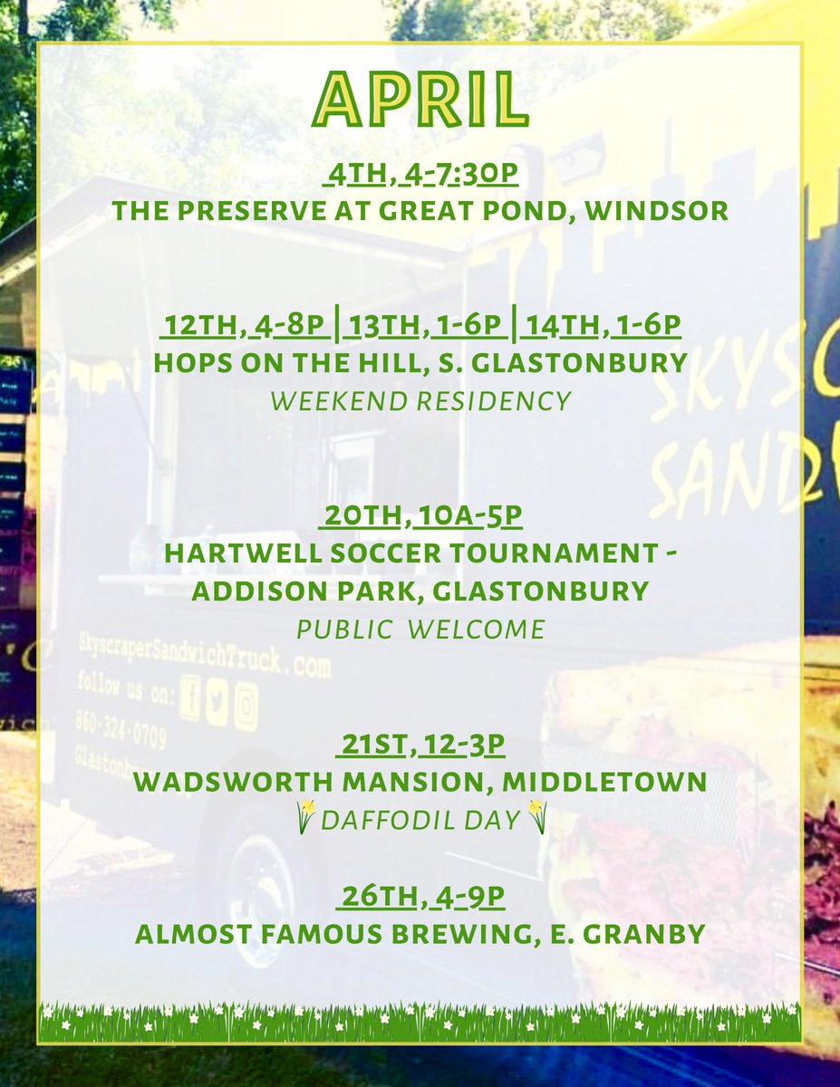 We’re not April fooling you…we’ve got a great month lined up! 🚚🥪 Come enjoy our really.big.sandwiches at an event near you:

#SkyscraperSandwiches #CTfoodtrucks #GlastonburyCT #MiddletownCT #EastGranbyCT #WindsorCT #CTfoodies #CTbites