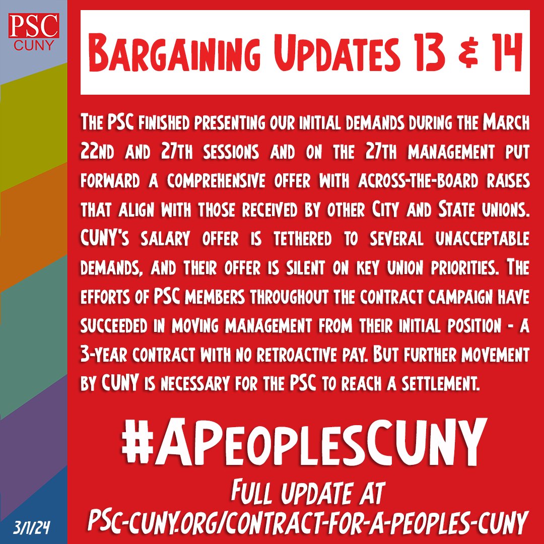 𝗕𝗮𝗿𝗴𝗮𝗶𝗻𝗶𝗻𝗴 𝗨𝗽𝗱𝗮𝘁𝗲𝘀 𝟭𝟯 & 𝟭𝟰 Read the full update here: psc-cuny.org/issues/contrac… Contract for #APeoplesCUNY