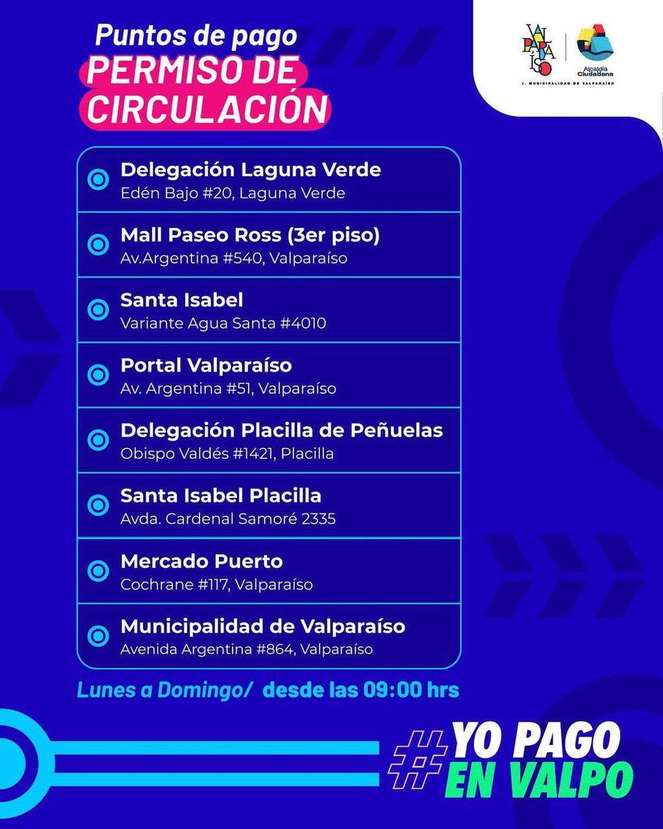 ➡️ #YoPagoEnValpo 📍Hasta hoy puedes pagar tu permiso de circulación en los puntos establecidos. 📍Posteriormente, podrás seguir haciéndolo en yopagoenvalpo.cl📲 ¡Trabajemos juntos por Valparaíso! 🙋‍♀️🙋🙋‍♂️