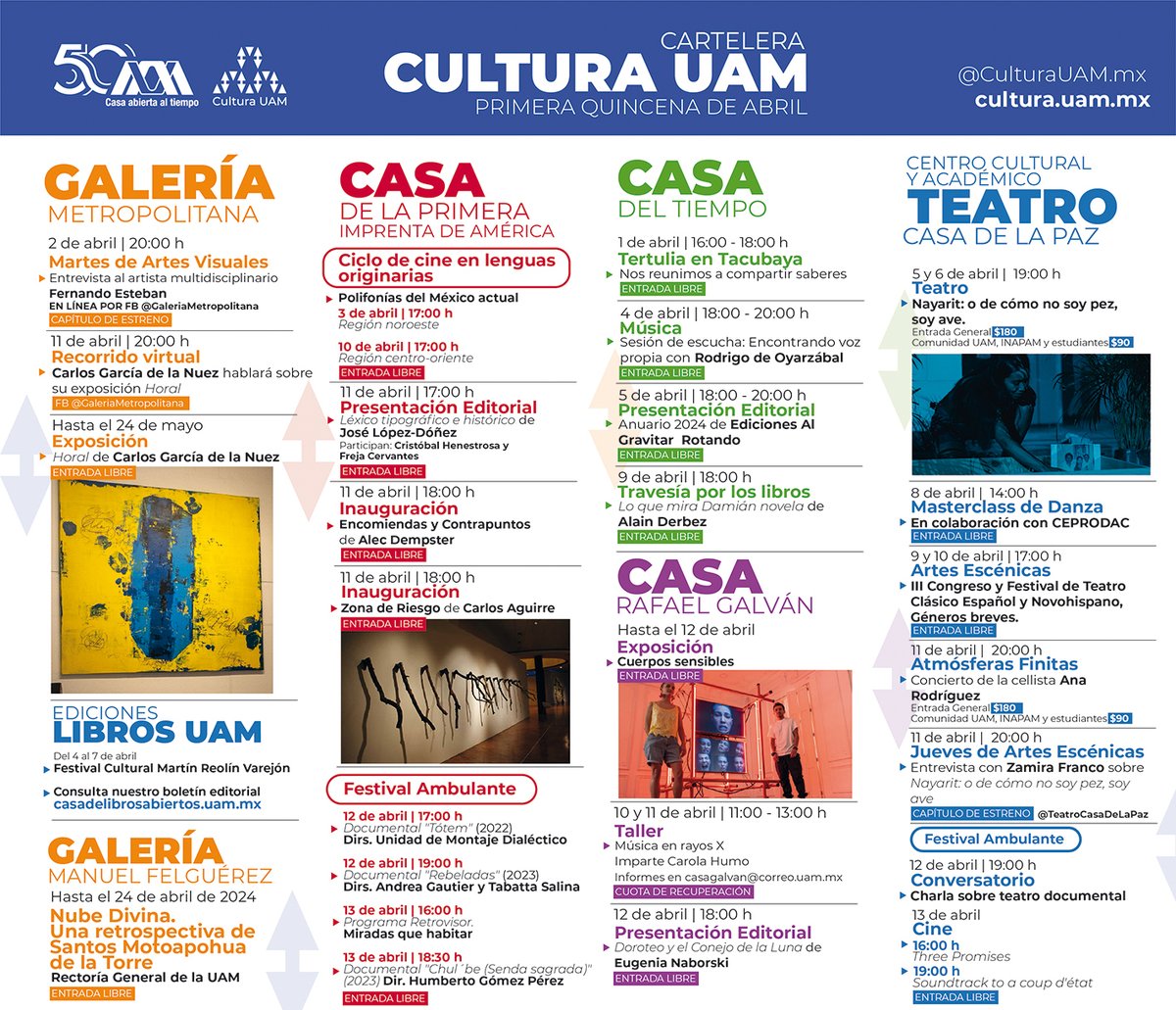 lauammx's tweet photo. ¡Teatro, festivales, música, exposiciones, talleres, presentaciones de libro, ciclo de cine y más! Consulta la cartelera cultural de la UAM
.
#UAM50 #SoyUAM #CulturaUAM
#UAMCreativa @CulturaUAMmx https://t.co/7rp6DdvZzU