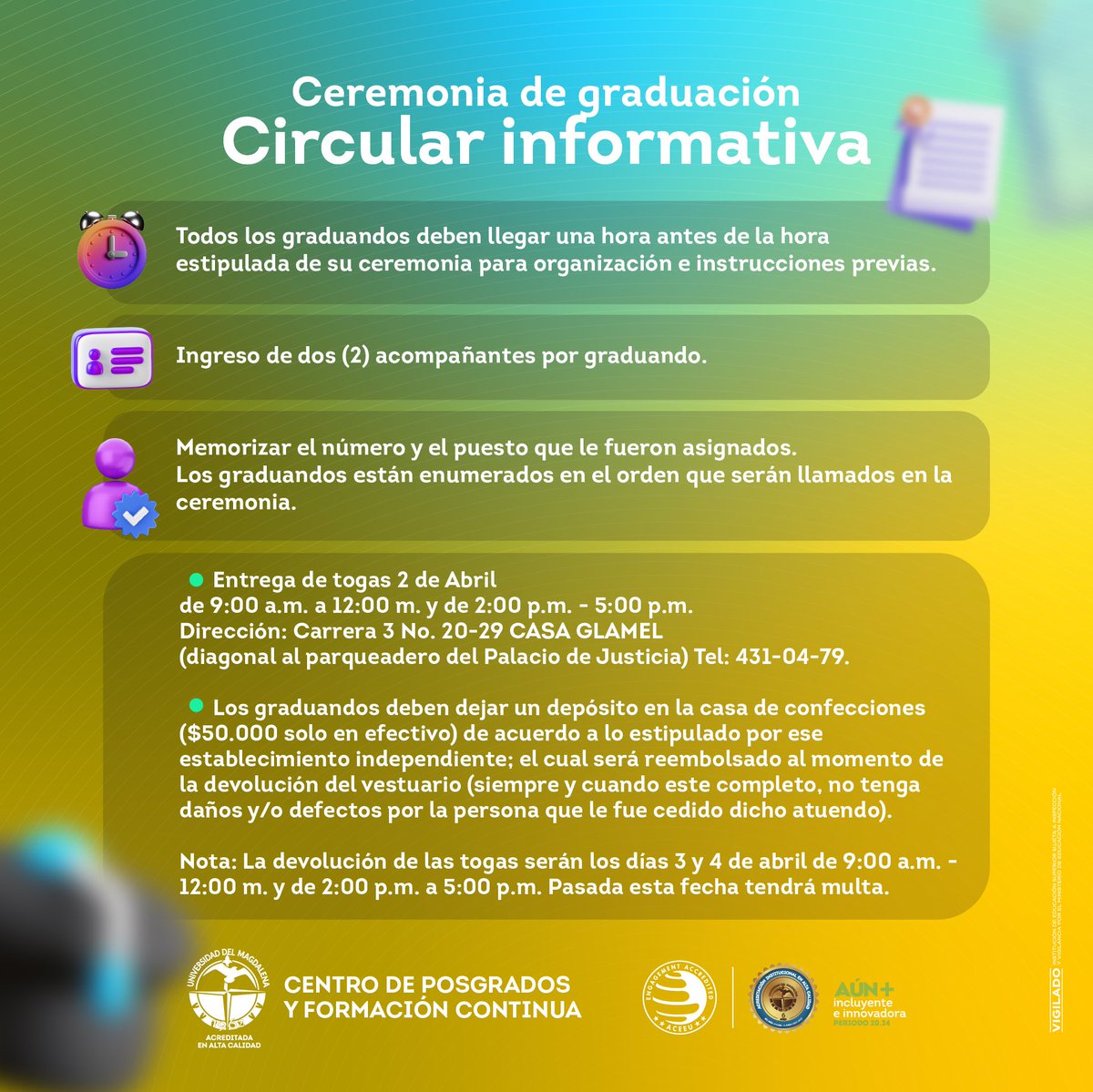 Unimagdalena's tweet photo. 🗓️🎓¡Este miércoles celebraremos una nueva Ceremonia de Graduación de @Posgradounimag!

La dedicación y el éxito de los graduandos brillarán en este espacio de reconocimiento a su determinación y excelencia académica.

#GradosUM
#PrográmateUM https://t.co/P5NFy6nUh8