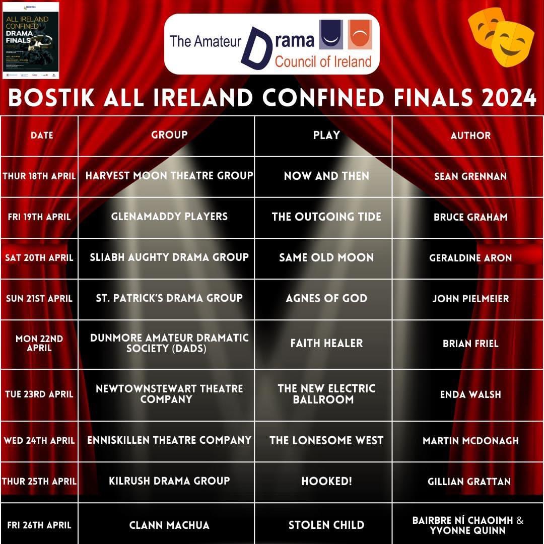 Congratulations to the 9 drama groups taking part in the Bostik All Ireland Confined Finals hosted by Mountmellick Drama Group. Best wishes to the finalists, @ADCI_Forum the host group & adjudicator @WalkerEwart (ADA) for a wonderful finals 18-26 April 2024 @dramaleagueofireland