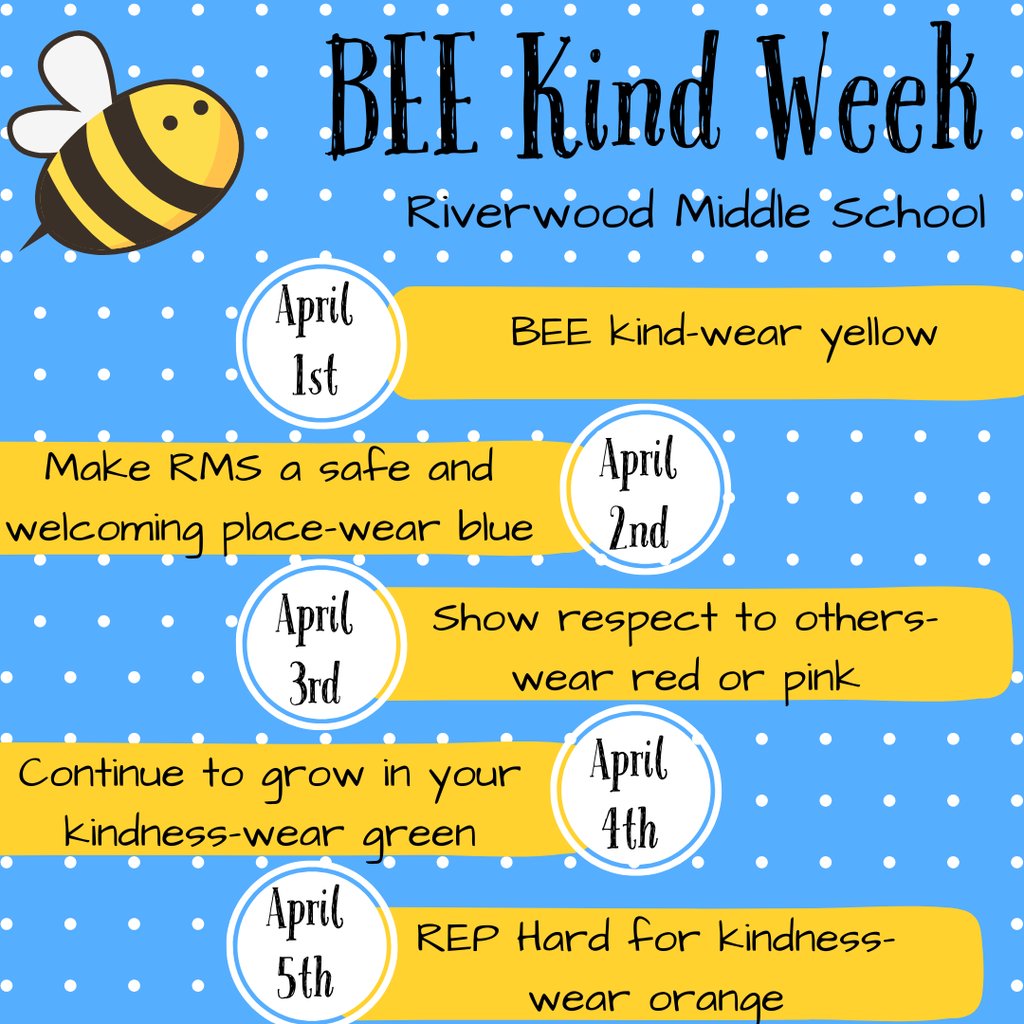 RMS is celebrating BEE Kind Week this week! We believe in the power of kindness to promote a positive and inclusive environment for our students and staff. Please join us in celebrating by participating in our spirit days.