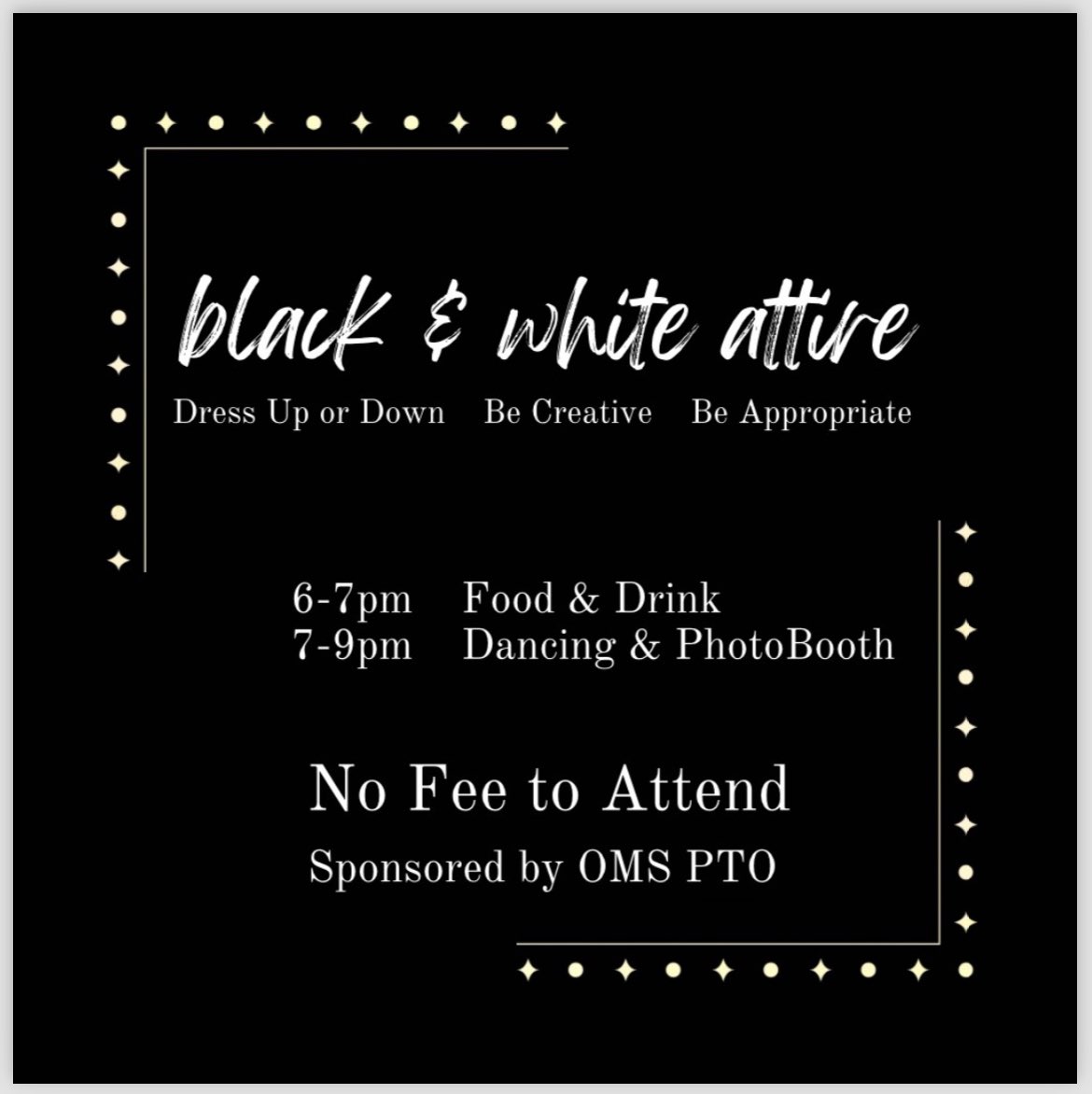 Save the date: April 26 is the 8th grade dance! Black and White attire ⚫️⚪️◼️◻️ 6:00-7:00 – Food/photos; 7:00-9:00 – Dance Sponsored by OMS PTO (FREE for all 8th graders) Formal invitation and parent permission slip to follow - - >@oms_bulldogs @pto_oakridge