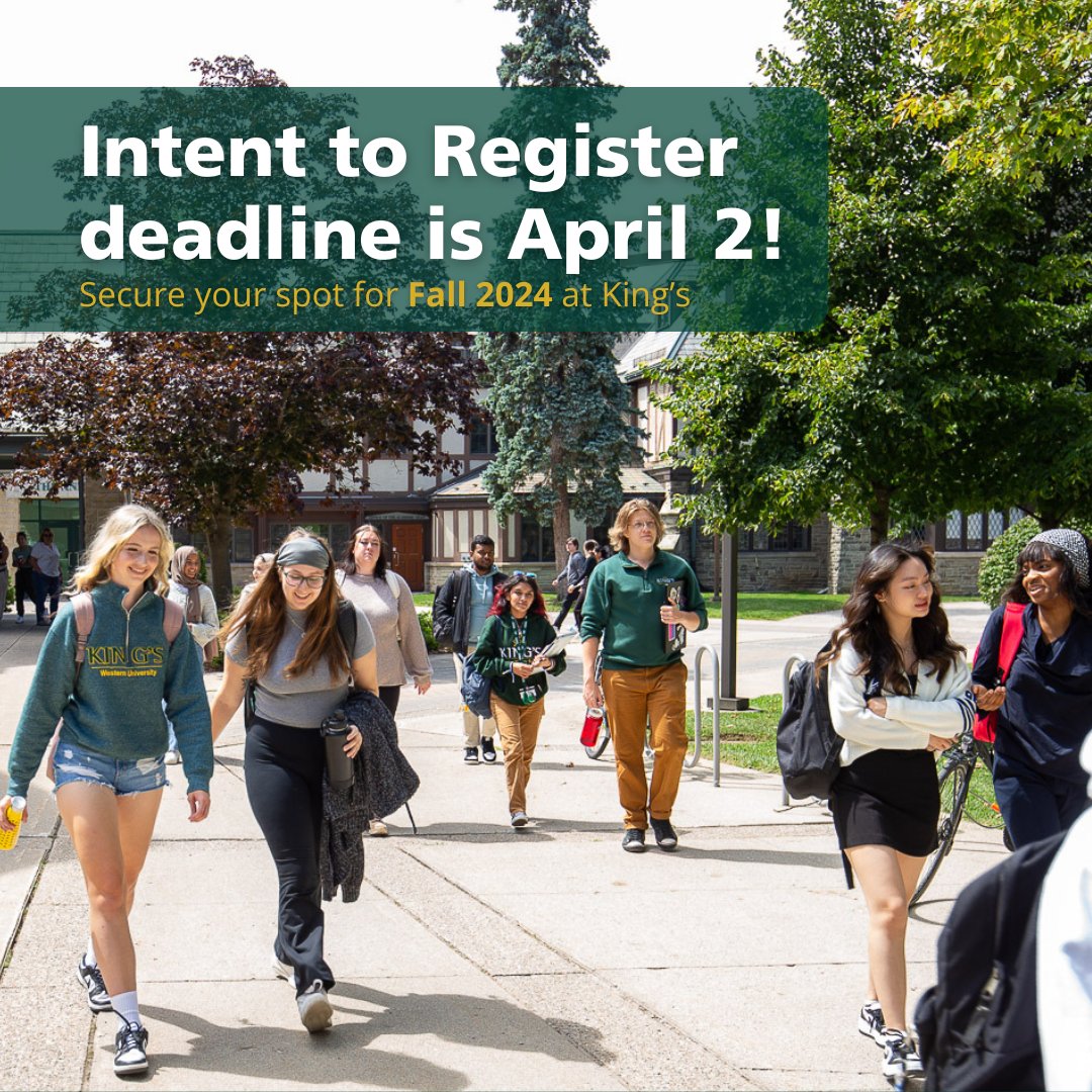 A reminder that April 2 is the last day for students to complete their Intent to Register! All current first-year students must complete an ITR, or any students wishing to change their program/module or course load status. Visit kings.uwo.ca/itr for more info #APlaceToBe