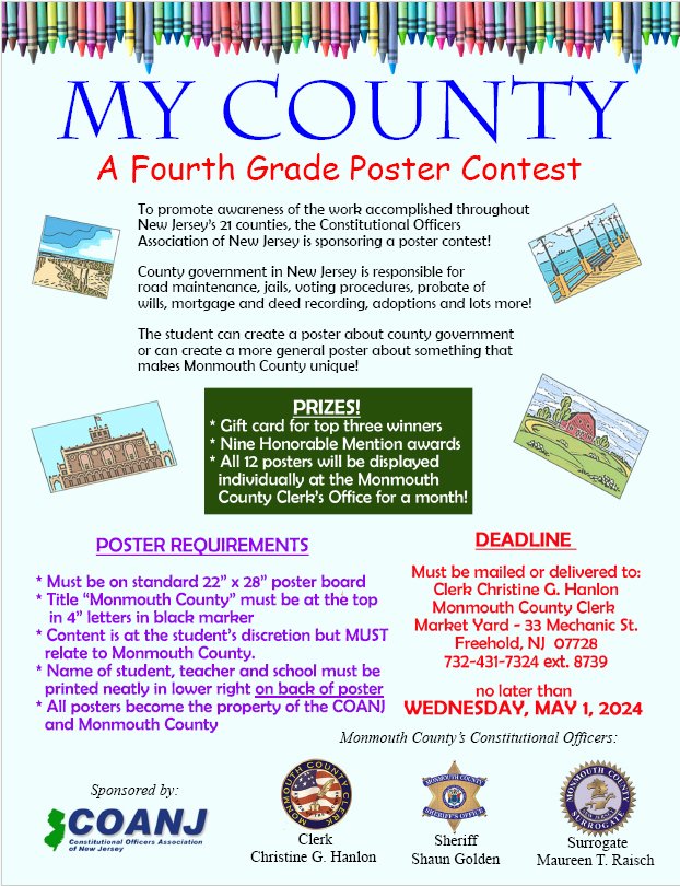 The 'My County' Poster Contest deadline is just a month away! #MonmouthCounty’s 4th-graders are invited to enter the contest hosted by our county's Constitutional Officers. See flyer for details about requirements and prizes, but be sure to submit your entry no later than 5/1!