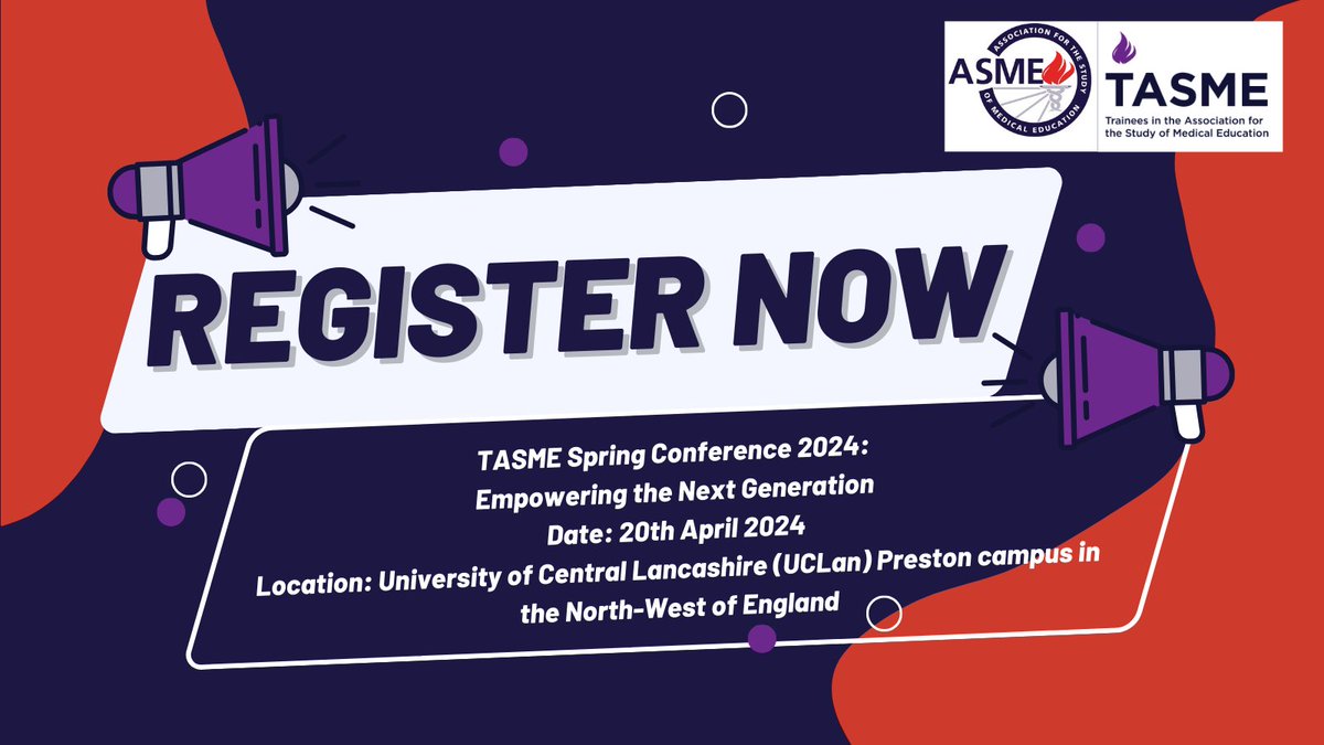 Tickets are limited! We hope to see you at our TASME #MedEd conference @UCLan on 20th April! Tickets are on sale at £65 (ASME members) &amp; £90 (non-members). 
Register here: asme.org.uk/tasme-spring-c… <a href="/tasme_uk/">TASME UK</a>