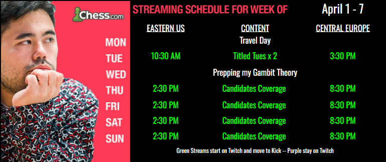 Following the example of Benko/Fischer, I've decided to give up my spot in the Candidates to GM Wesley So and @fionchetta and I will be covering his progress in the candidates in Toronto according to the attached schedule. I will, of course, be playing Titled Tuesday myself.…
