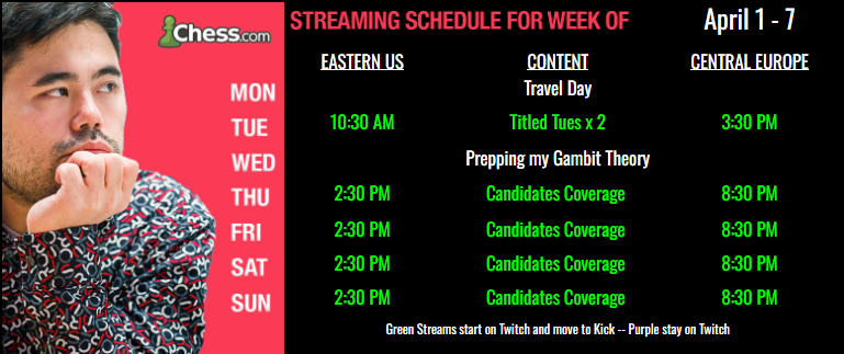 GMHikaru's tweet photo. Following the example of Benko/Fischer, I've decided to give up my spot in the Candidates to GM Wesley So and @fionchetta and I will be covering his progress in the candidates in Toronto according to the attached schedule. I will, of course, be playing Titled Tuesday myself. #teamwesley