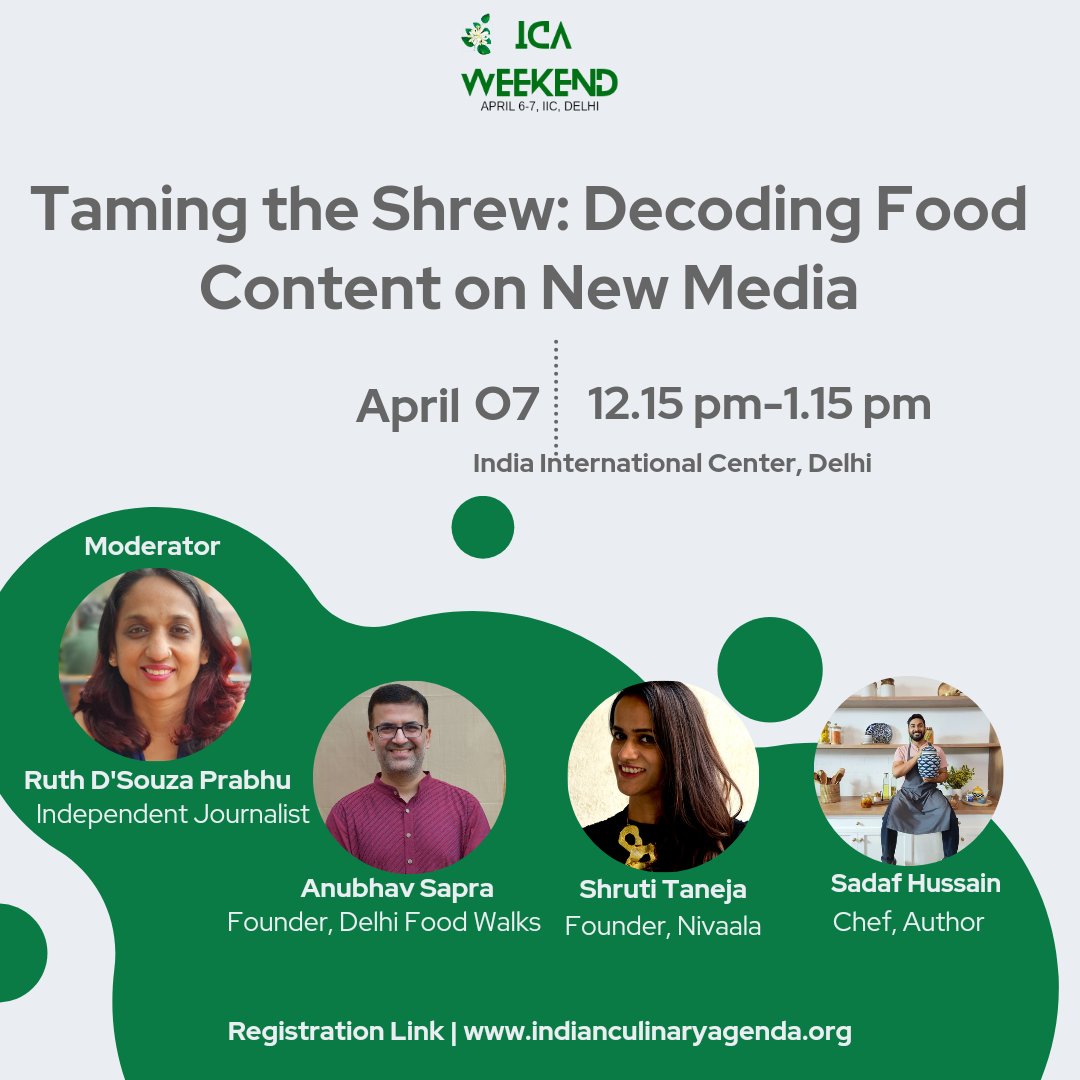 Food related content has been one of the most consumed, shared and discussed categories across all new media platforms.  

The panel will explore previously unasked nuances with <a href="/TheRDPLife/">Ruth Dsouza</a>
<a href="/anubhavsapra/">Anubhav Sapra</a> <a href="/shrutitaneja/">Shruti Taneja</a>
and <a href="/hussainsadaf1/">Sadaf Hussain</a>

#icaweekend #indianculinaryagenda #food