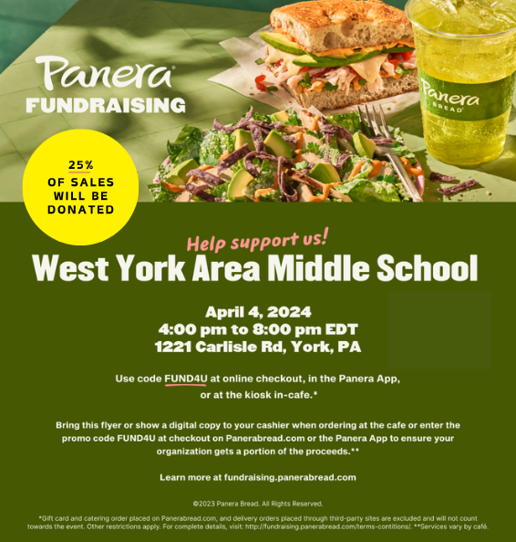 The MS is hosting an end-of-the-year fundraiser at Panera Bread. Thursday, April 4th - 4:00 - 8:00 p.m. Panera Bread, 1221 Carlisle Road Use code FUND4U online, in Panera App, or at kiosk. Or show a digital copy of the flier below to your cashier. #wyproud #wyasd