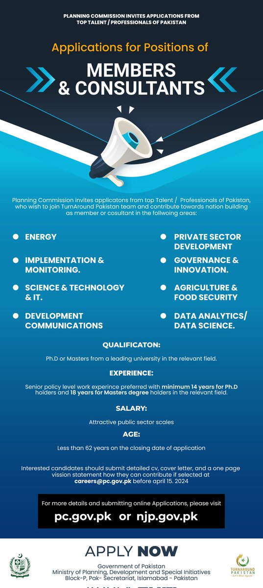 Turnaround Pakistan with Your Talent! Ministry of Planning Development and Special Initiatives invites visionary leaders who are passionate to making a real impact in Pakistan's development journey to join us in shaping the future of our nation. Bring your expertise to the…