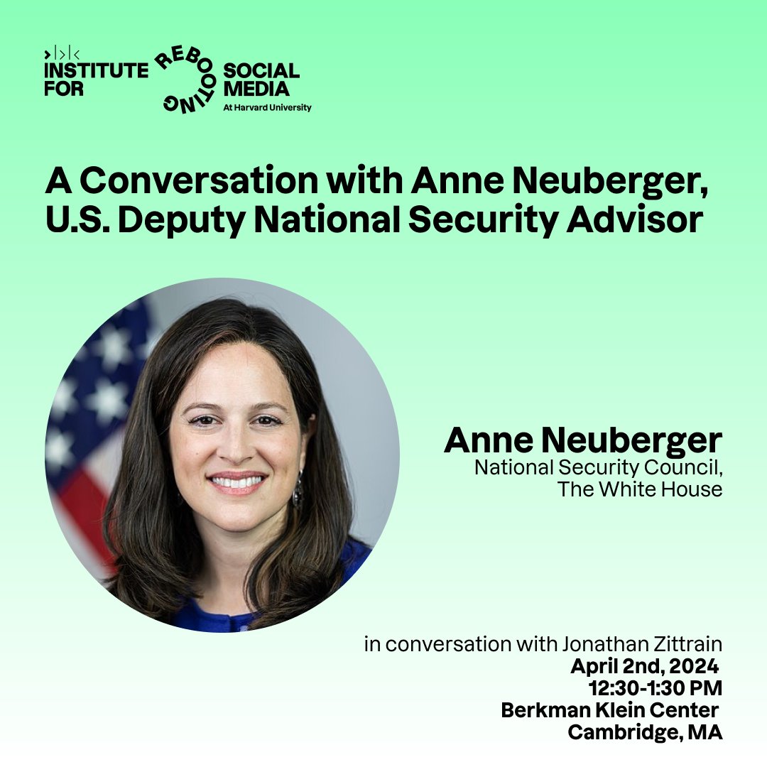 TOMORROW: Join RSM @BKCHarvard for a conversation with U.S. Deputy National Security Advisor Anne Neuberger and @zittrain on AI and National Security. Learn more and RSVP: rebootingsocialmedia.org/events/a-fires…