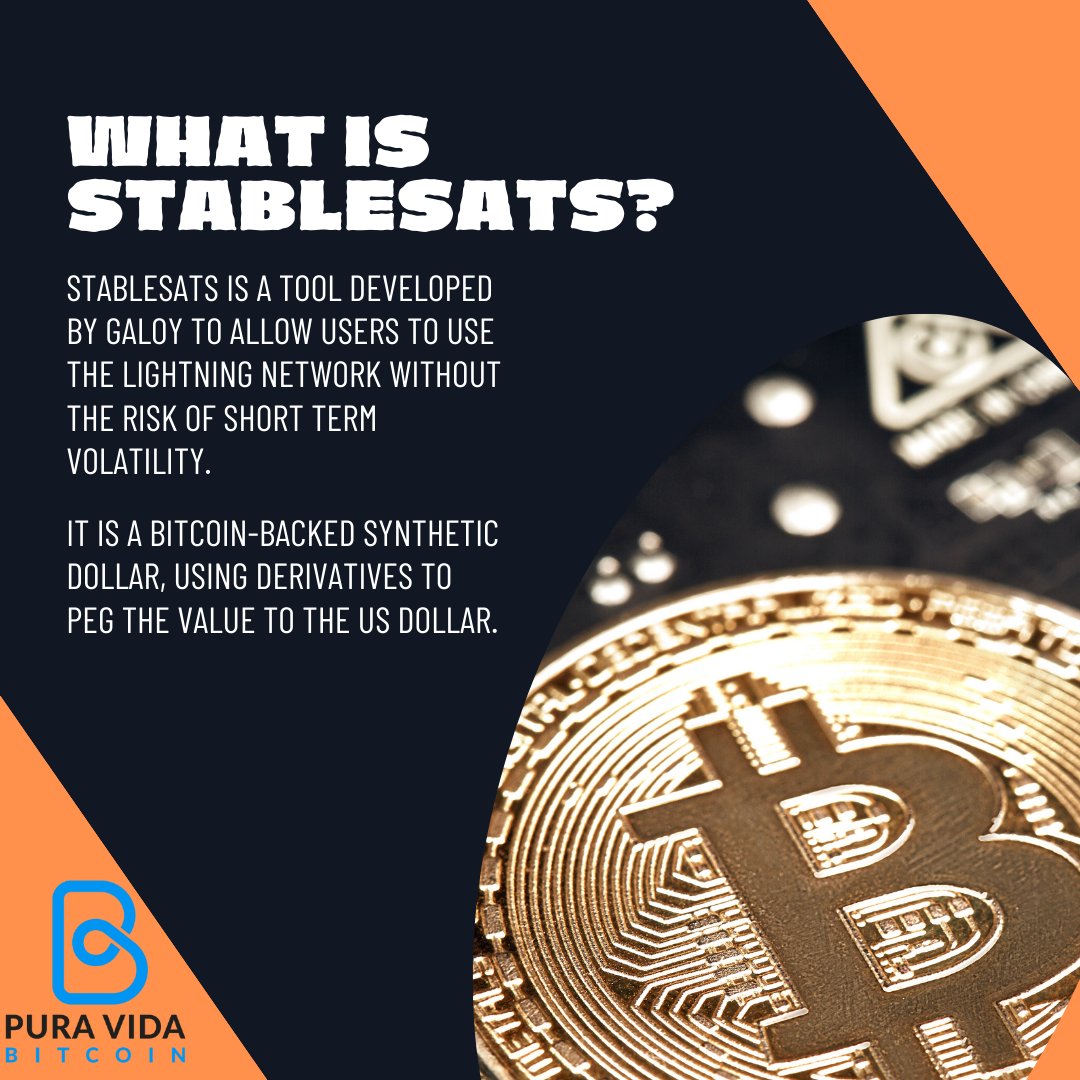 PuraVidaBTC's tweet photo. A question we are frequently asked, "what is a stablesat?". #Stablesats are revolutionary, they offer an alternative to #stablecoins and allow users and merchants alike, to engage with the #BTC lightning network, while removing the risk of short-term volatility.
However, for a more in-depth answer @GaloyMoney explains it best in the article written by @agbegin : https://t.co/Fosw6NFNEk
For more information visit https://t.co/UjhKAF9Tf6