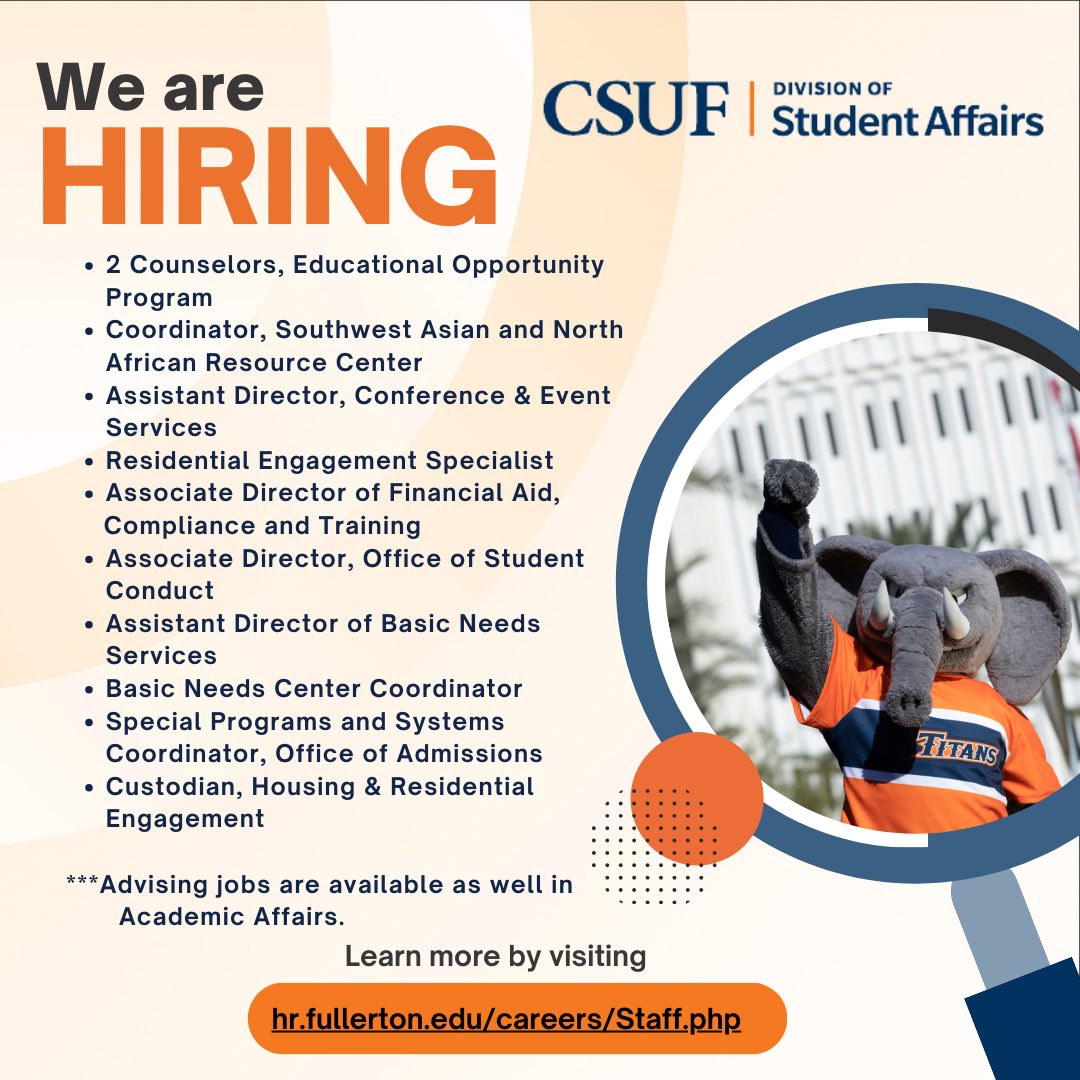 The Division of Student Affairs at California State University, Fullerton is hiring! 🍊

Come join our teams! Learn more about the positions below by visiting lnkd.in/gGBZhnsK