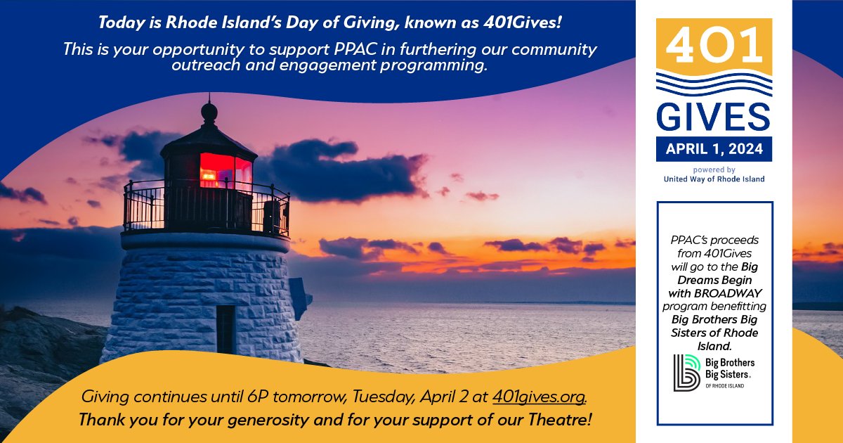 Happy #401Gives Day! Here's your chance to support our Big Dreams Begin with ✨Broadway ✨program, our community outreach initiative that provides complimentary tickets to 'bigs' and 'littles' from Big Brothers Big Sisters of RI. Visit 401gives.org/organizations/… to learn more.