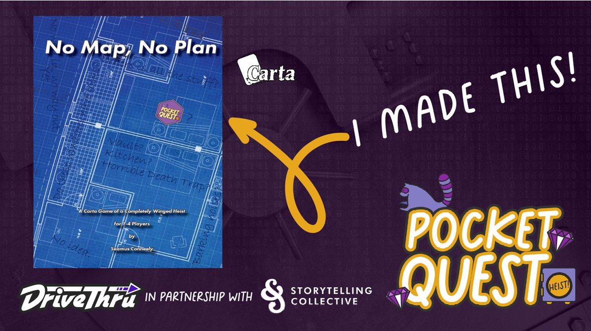 Now available @DriveThruRPG: No Map, No Plan!

A GMless, Carta #ttrpg for one to four players in which you take on the role of a thief (or thieves) completely winging the heist of a rich estate with zero preparation! Made for #PocketQuest2024 and discounted for the duration! 🔗⬇️