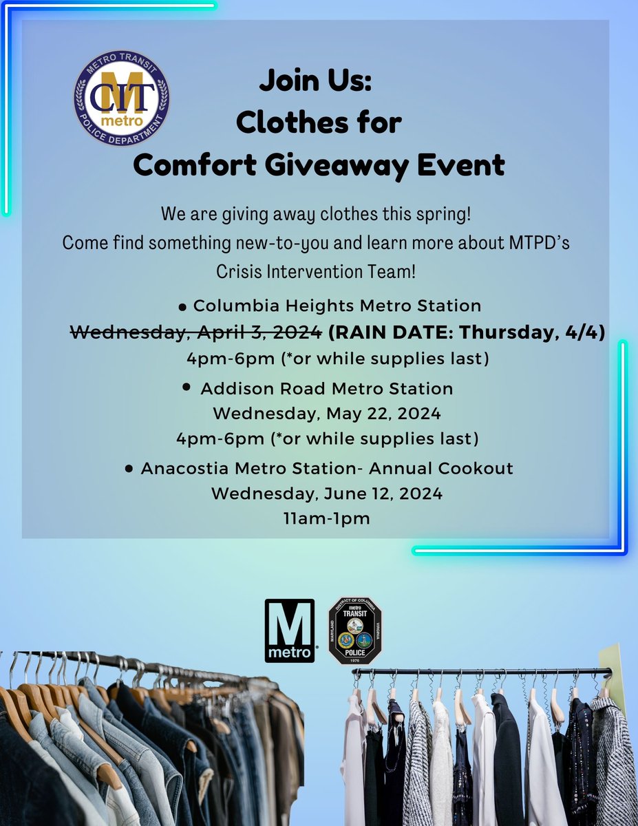 Updated flyer with new rain date, 4/4, for the CIT Clothing Giveaway at Columbia Heights scheduled for this week! We look forward to this community event on Thursday from 4-6 pm (while supplies last). #wmata