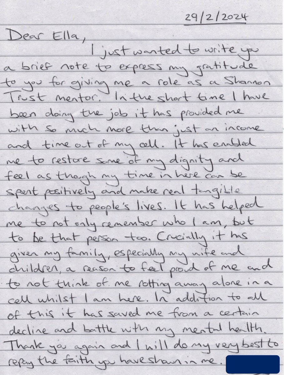 This letter from one of our mentors to one of our programme managers shows how much difference they are making to the lives of people in prison. Our prison facilitators, team leaders and programme managers are an incredible asset to Shannon Trust.