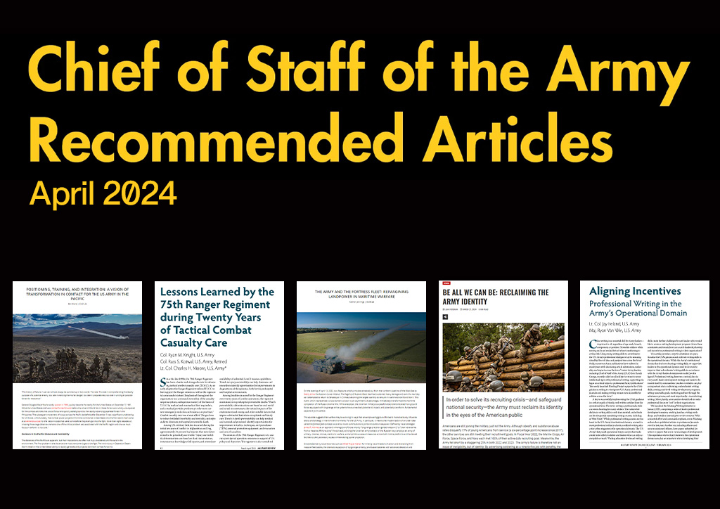 CSA GEN Randy George has just announced his Recommended Articles for April. See his recommendations on our website now! armyupress.army.mil/resources/csa-… @USArmy @ArmyUniversity @TRADOC @USACGSC