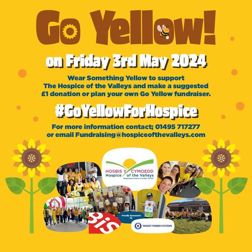 Go Yellow for Hospice of the Valleys Day is returning for 2024. The Hospice couldn't exist for those who need us without the support of the local community. So help us make Go Yellow 2024 the best yet!
Contact the Fundraising Team on 01495 717277 or visit buff.ly/47GG1wc