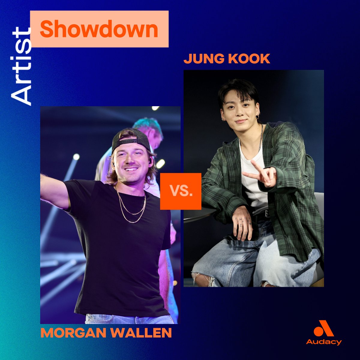 The FINAL Round of Audacy's #ArtistShowdown between @MorganWallen + @bts_bighit's Jung Kook starts now 👑 🗳 Vote by listening to their Audacy station. Each minute = 1 vote! ↳ audacy.com/Showdown 📢 Share your vote with #ArtistShowdown ⤵ ⏰ R4 ends Fri, 4/5 at 12 PM ET