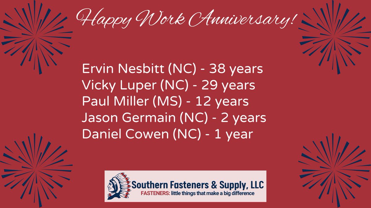 No April Fool's joke here, we're spotlighting our Fastener Family Members who are celebrating a work anniversary this month. We appreciate them and all they do! #southernfasteners #wearefamily #superstars #weloveouremployees #workanniversaries