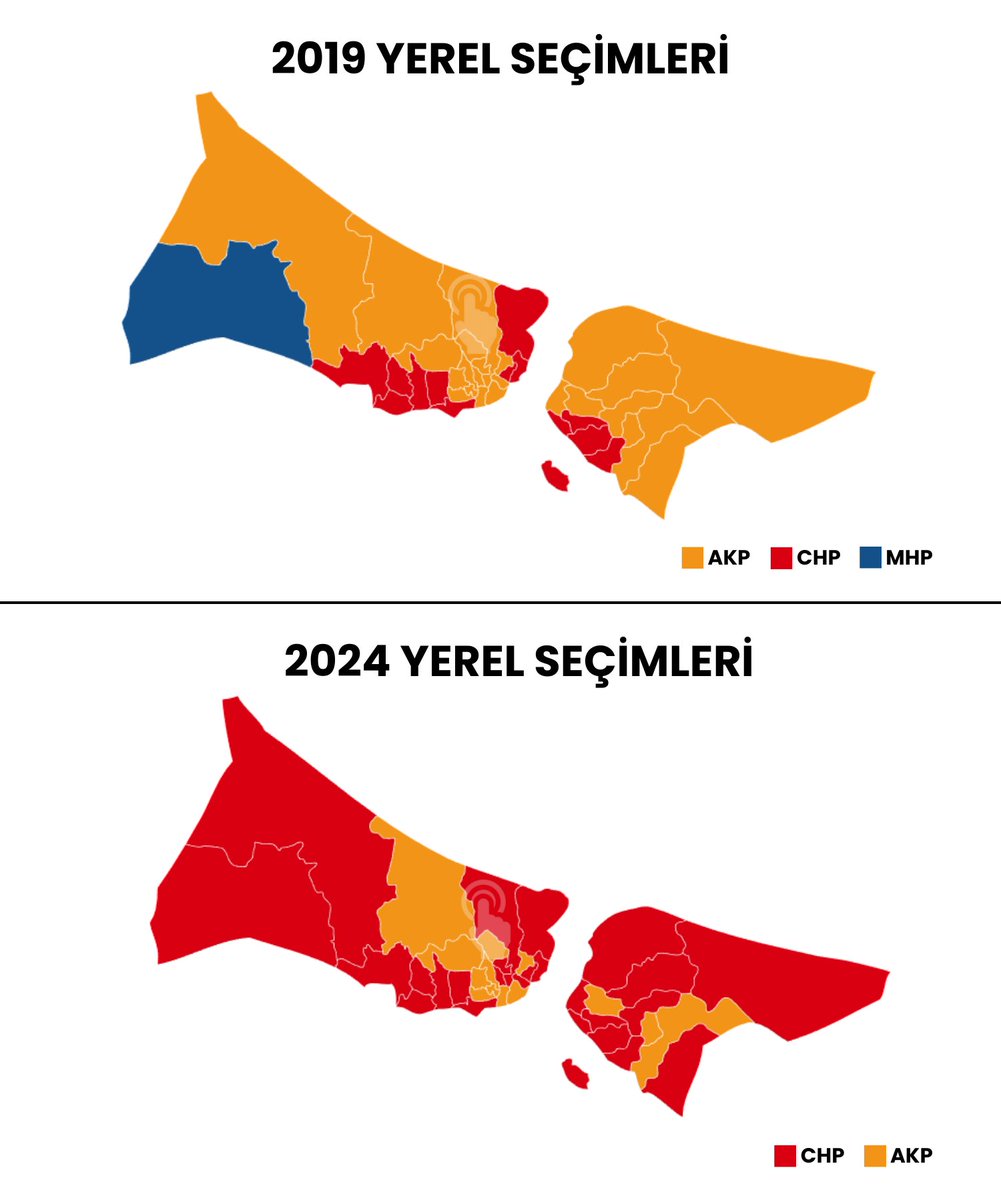 2019 ve 2024 yerel seçimlerinde İstanbul ilçeleri haritası: