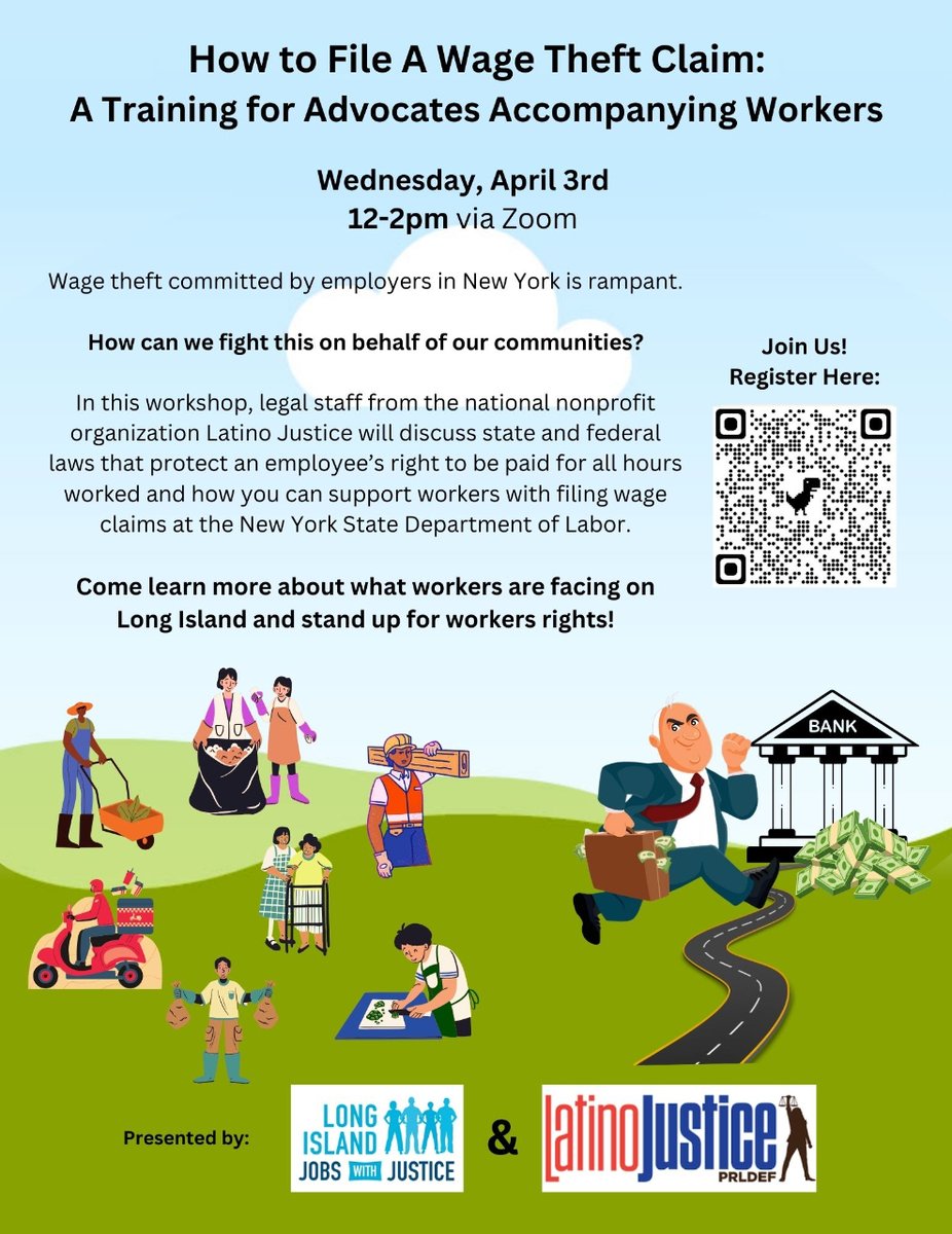 Long Island 🗣️ Sign up for this training about wage theft claims!  Stand up for worker's rights ✊ Register: docs.google.com/forms/d/e/1FAI…