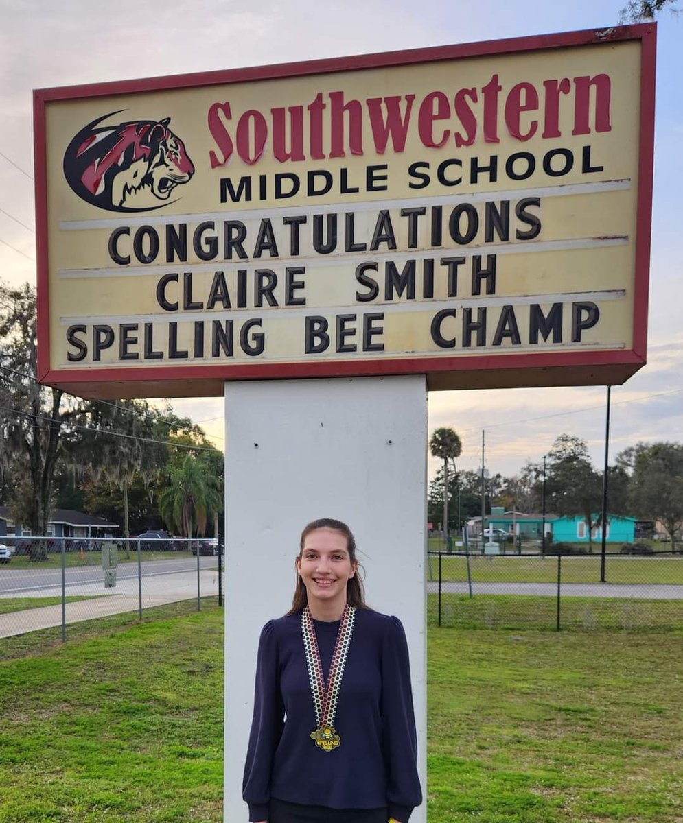 Smsvcs1's tweet photo. We are so proud and excited for Claire who placed 3rd at the Regional Spelling Bee and will be headed to Nationals in Washington D.C. in May! Congratulations!! @inspiredAP @volusiaschools https://t.co/UCgtB6eMoN