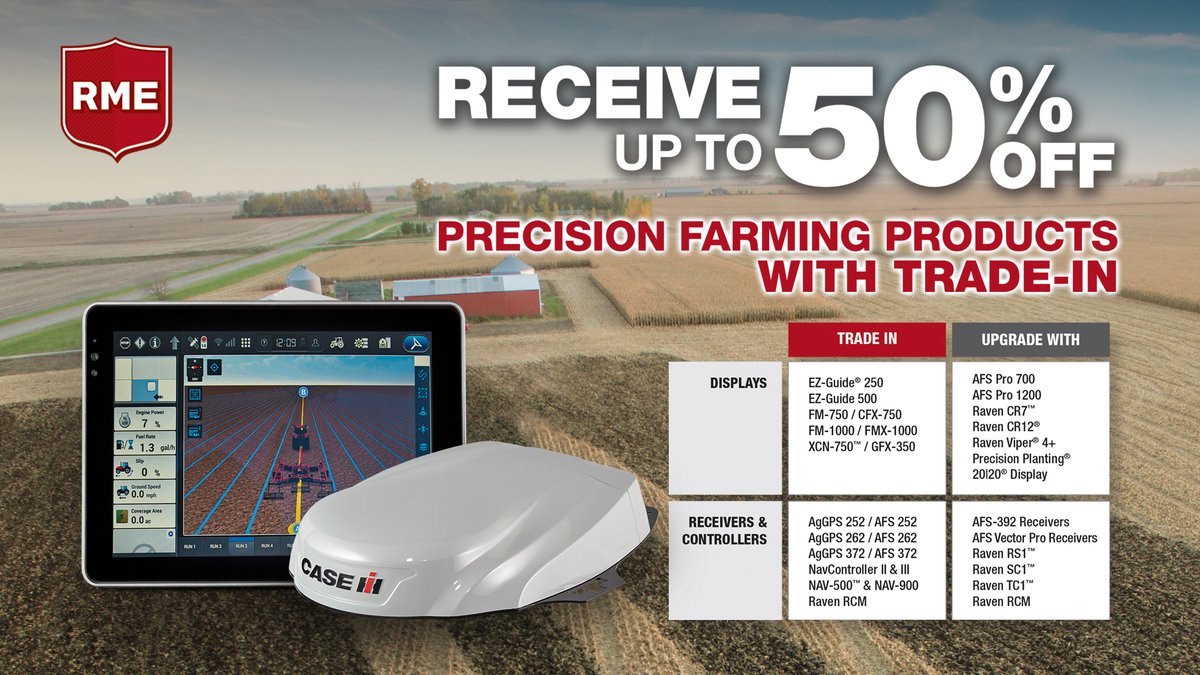 The Precision Trade-In event is on NOW at RME! Receive up to 50% off on precision farming products with trade-in. Contact your local RME dealer or click here for more info: rockymtn.com/promotions/pre… . . . #RME #Precision #TradeIn #SalesEvent #AOS #Optimization #AgSpecialists