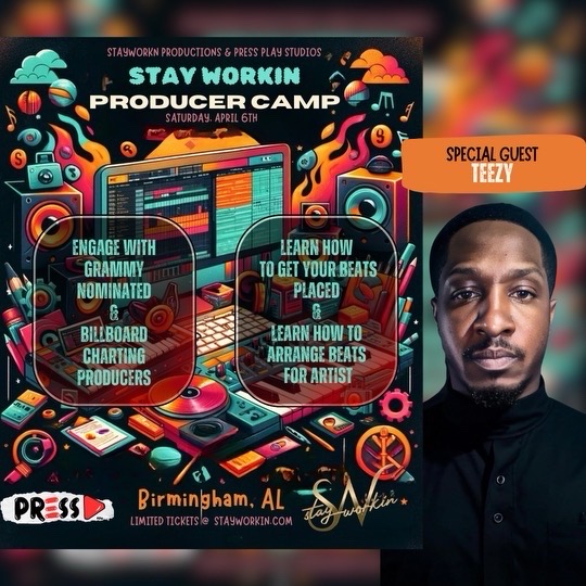 justintaelur's tweet photo. Get ready for the StayWorkin Producer Camp in Birmingham, AL on April 6th! Join me &amp; @djaj_ at @pressplaybham for an exclusive music event full of creativity, beats, and amazing vibes. Limited tickets available at https://t.co/PIXuYvd46p. Don't miss out! #StayWorkin https://t.co/3ottFH5zKY