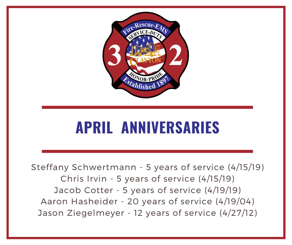 The Clayton Fire Department would like to acknowledge the following individuals for their anniversaries in service to the community in March. Steffany Schwertmann, Chris Irvin, Jacob Cotter, Aaron Hasheider, & Jason Ziegelmeyer Thank you for your service. #CFDlivethemission