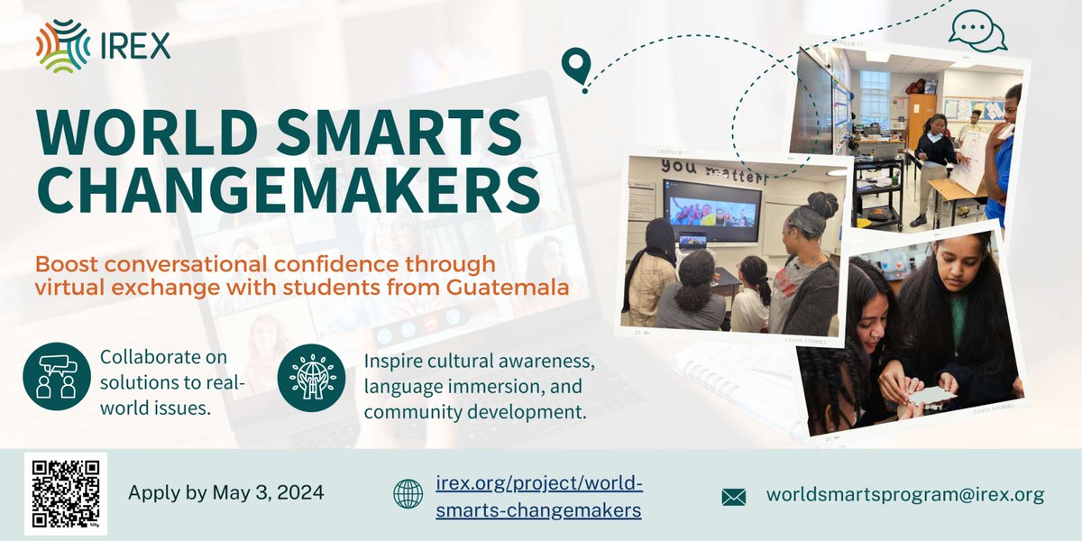 Applications are now open for World Smarts Changemakers, a virtual exchange program funded by @Stevensinit where students in the US & Guatemala connect, collaborate, & create solutions to community challenges. Educators in DC, MD, and VA may apply by 5/3: bit.ly/3TTDmf1