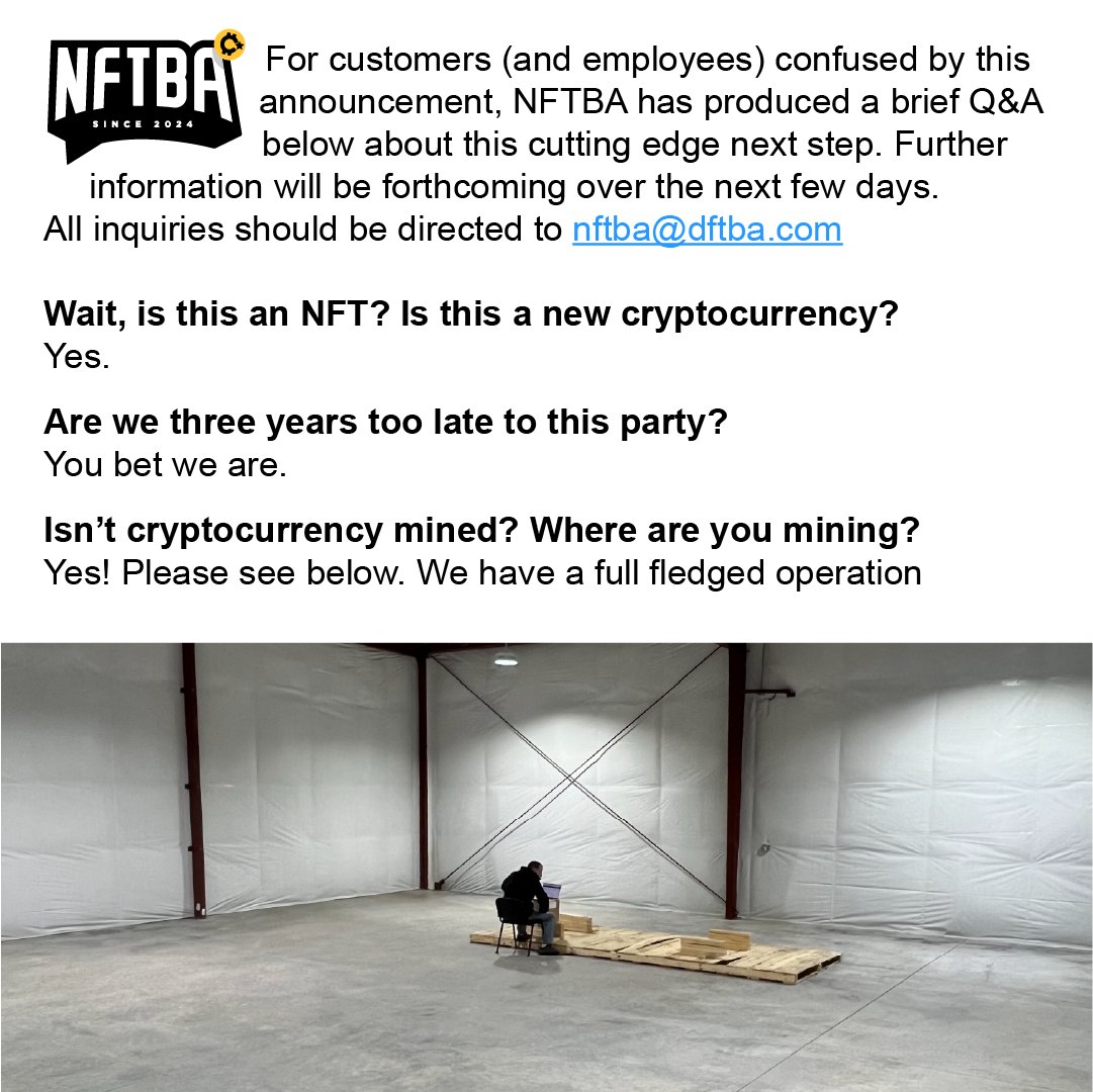 A new era of DFTBA starts today! DFTBA is rebranding as NFTBA. Purchase your very own limited edition NFTBA Ditcoin to commemorate this special occasion. ​​Is this an NFT? Is it a new cryptocurrency? The answer is yes. Shop now while supplies last! ow.ly/4QLZ50R5KRJ