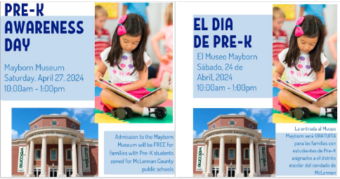 🌞Free public event at the Mayborn Museum for prekindergarten aged children and families! McLennan County Districts and Open-Enrollment Charter Schools are welcome to set up a booth during this event. Contact Ashley Becknauld at ashley.becknauld@esc12.net for more information.