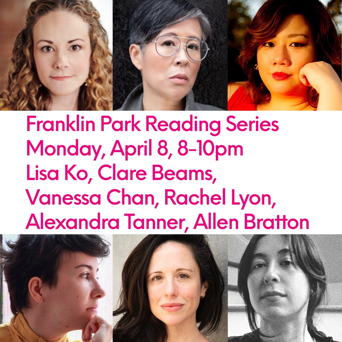 One week away—Monday, April 8: Can’t wait to host @iamlisako, @clarebeams, @vanjchan, Rachel Lyon, @alex___tanner, and @allenbratton at @FranklinParkBK in a showcase of some of the season’s best fiction! fb.me/e/1qtLbnGLe #Free #crownheights