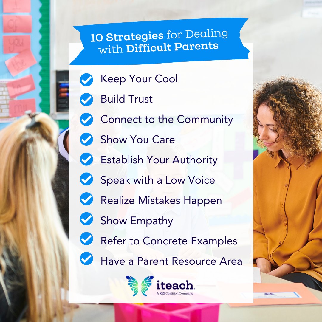 Struggling with tough parents? Get expert tips on navigating challenges effectively! Check out our blog for 10 proven strategies to foster positive relationships and resolve conflicts. What's your top tip for new teachers? 🔗: iteach.net/blog/10-strate… #Teacher #EdChat #iteach