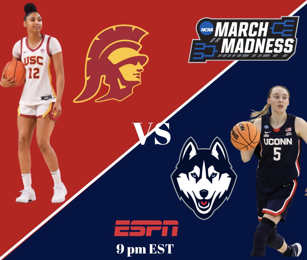 Cydneytornberg's tweet photo. Tune in to ESPN at 9pm EST to watch #1 USC vs. #3 UConn compete for a chance at the final four! Legacies are on the line in this battle of rising stars! π #Elite8 #Marchmadness #SRM435 @UConnWBB @USCWBB https://t.co/WalBsyNHHf