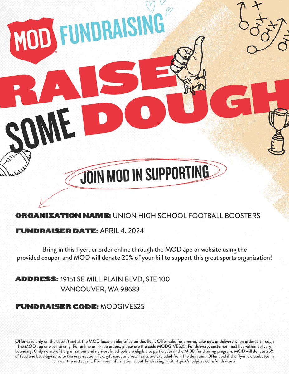 Who wants to cook during spring break?  Dine out at MOD Pizza this Thursday, all day, and support your Union Titans!!  Please present the flyer when ordering, print, or electronic.
