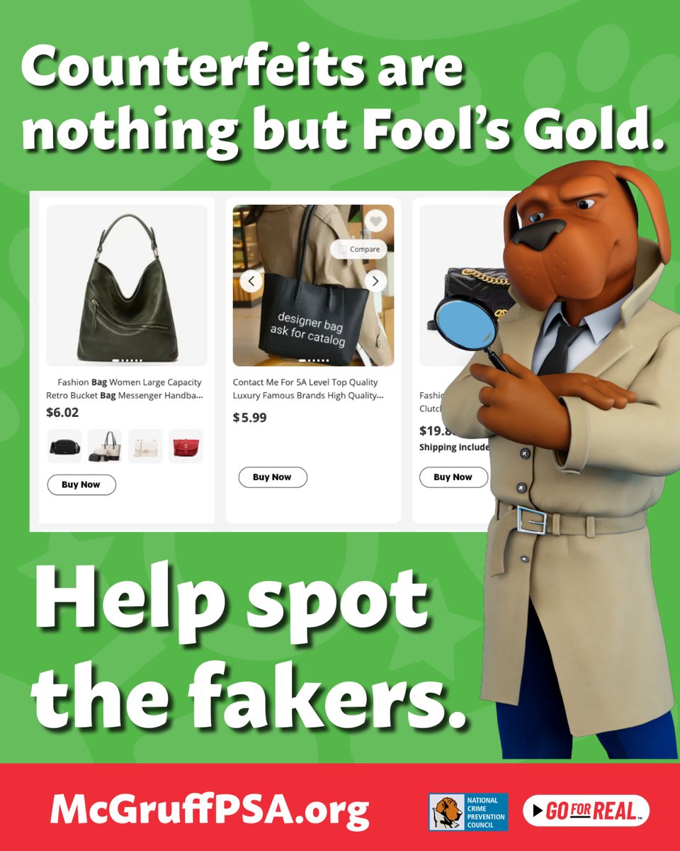 Want to hear a joke? Counterfeits are the best! 👍

Fake products are part of a multi-trillion-dollar illegal industry, funneling money into criminal enterprises across the globe. Don’t get fooled by the fakers! mcgruffpsa.org

#AprilFoolsDay #GoForReal