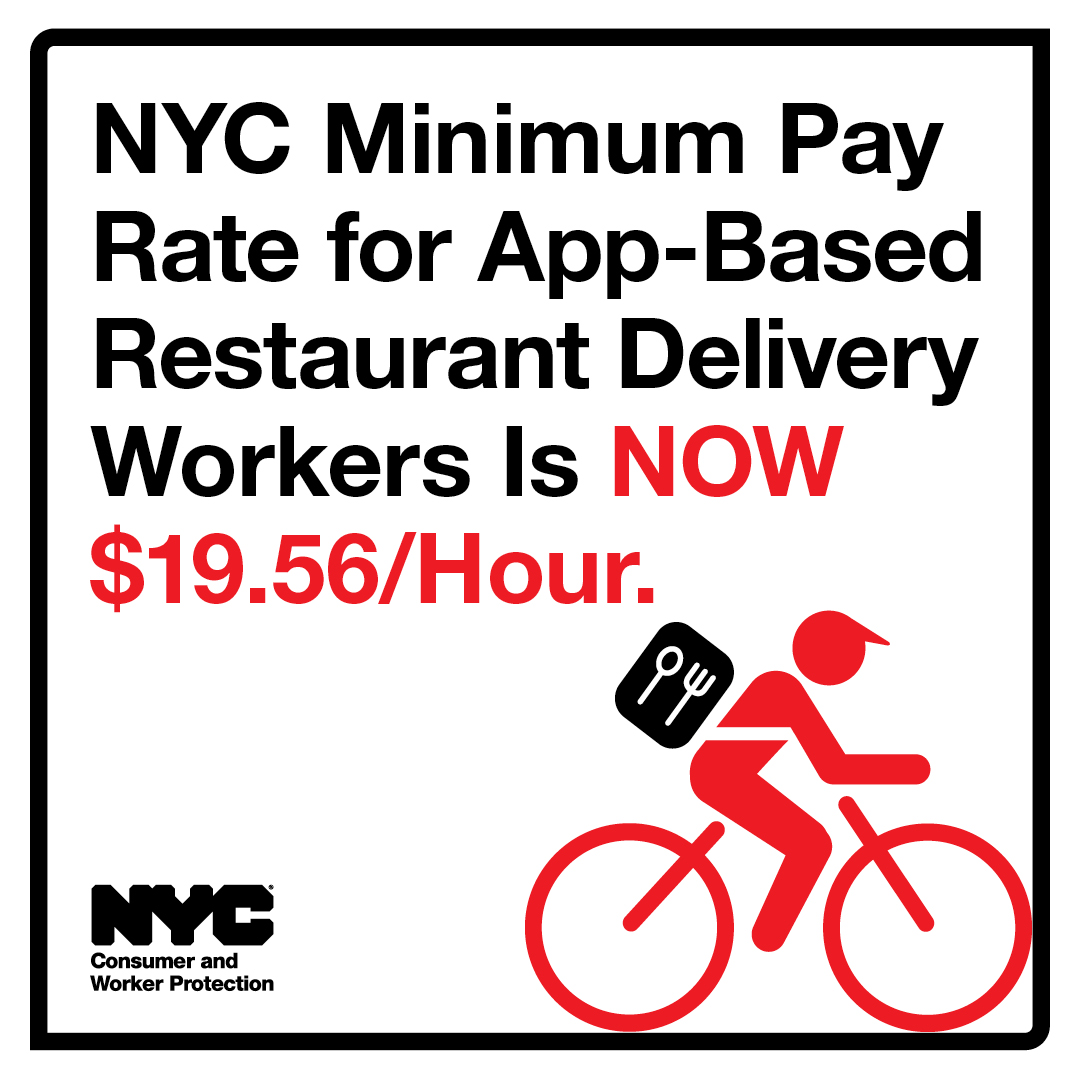 📢 TODAY! @NYCMayor and Commr Mayuga announced the FIRST annual increase in minimum pay rate for app-based restaurant delivery workers! The rate is now $19.56/hour before tips and will be adjusted annually for inflation. 🗞️ Read release ⬇️ nyc.gov/office-of-the-…