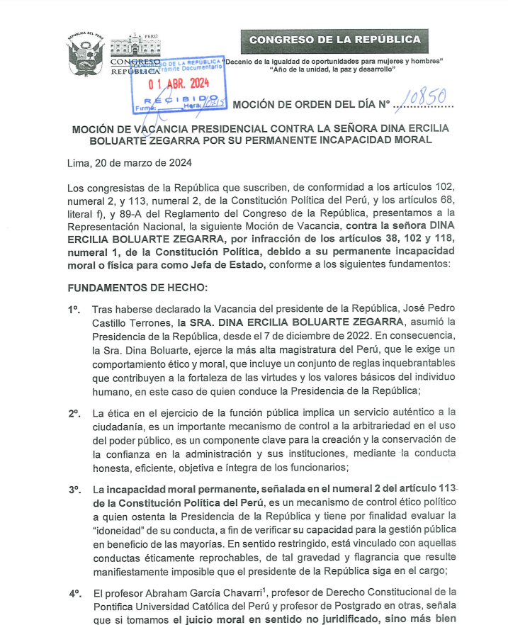 Politica_LR's tweet photo. 🚨 #LOÚLTIMO | Congreso oficializa moción de vacancia contra Dina Boluarte por incapacidad moral.

Ampliaremos en breve por https://t.co/KWE7VVmNHv https://t.co/hJRdlAJeze