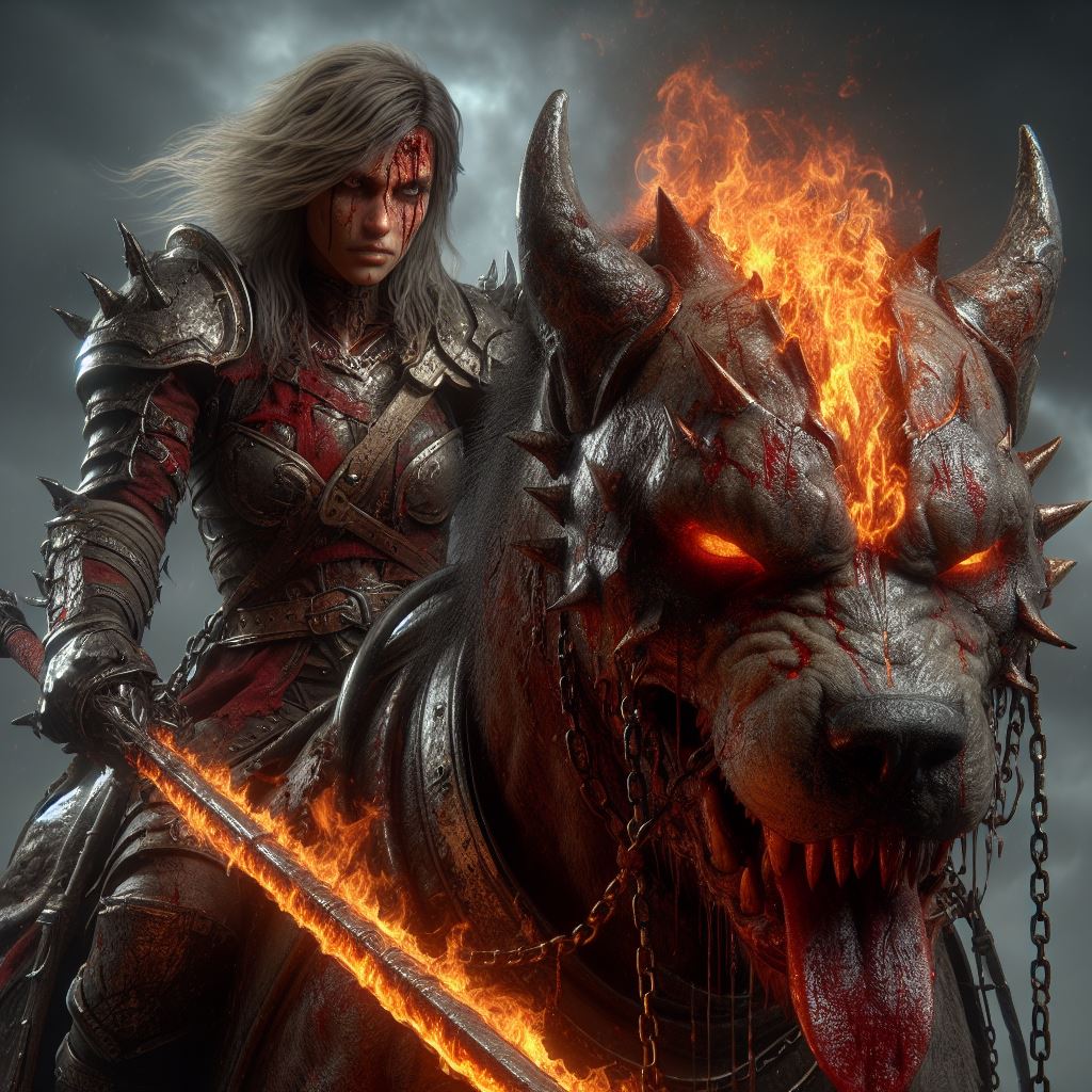 A grim hellwarrior on her fierce helldog 😈😲
#DallE3 #Bing #aiartcommunity #AIArt
(Hell/#friendsofdalle3)