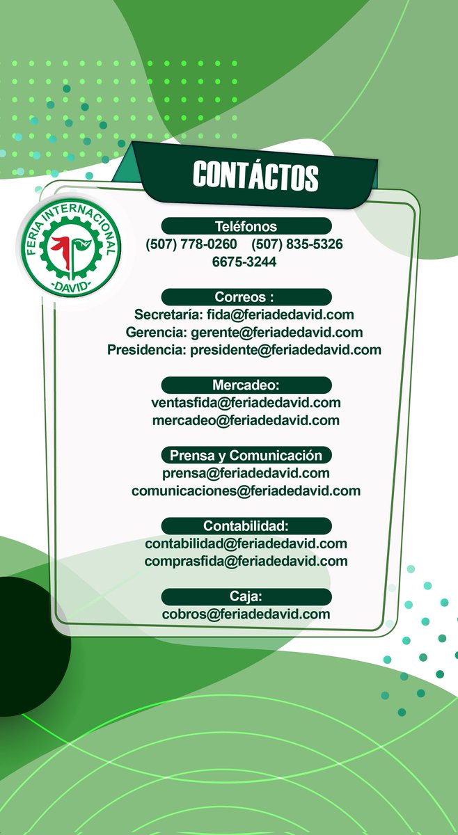 Números de contactos de nuestra central telefónica y correos de cada departamento para sus debidas consultas.
Estamos para servirles.

#FeriaDeDavid #TuyaMiaDeTodos