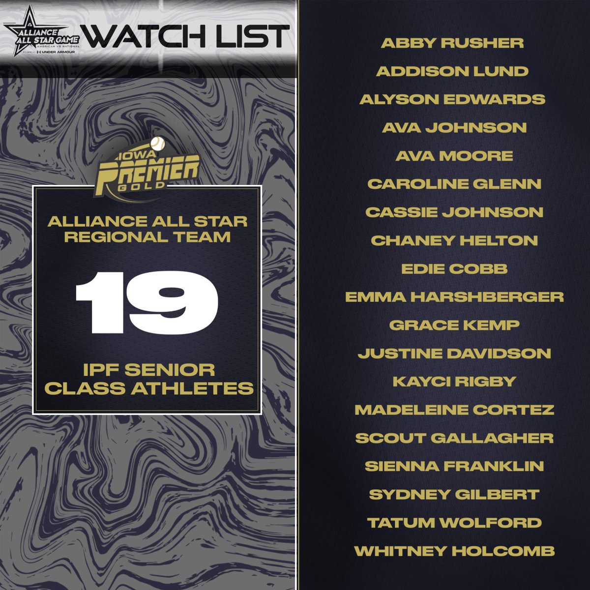BIG NEWS! Iowa Premier National puts 19 SENIORS on the @thealliancefp Regional ALL STAR TEAMS for 2024! Each player is still in the running to be named to the National All Star Game to be played at Alliance Nationals in July! GREAT JOB LADIES! #IPFPRIDE🖤💛 @ExtraInningSB