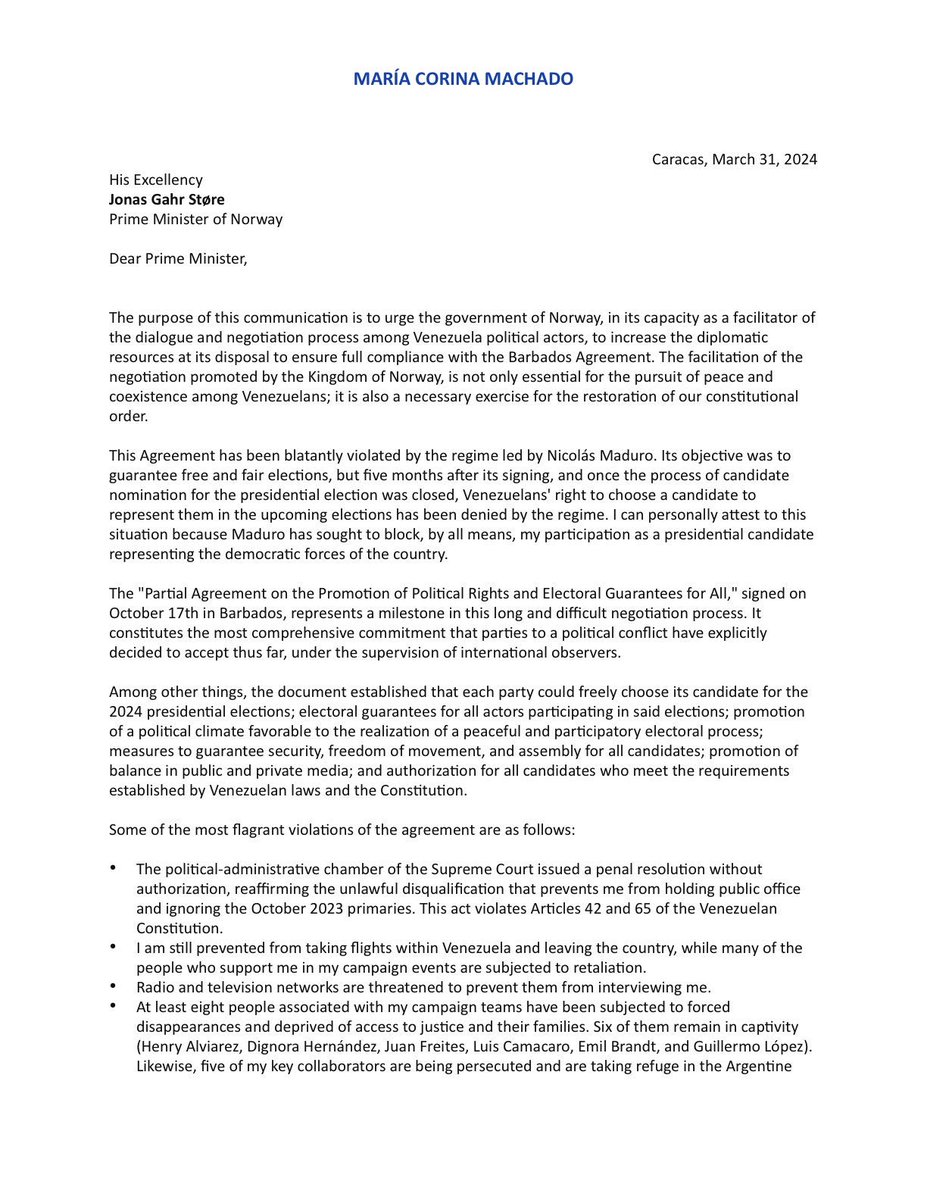 MariaCorinaYA's tweet photo. I sent this letter yesterday to Mr. Prime Minister of Norway, H.E @jonasgahrstore, regarding the recent events in Venezuela and the importance of the international community supporting us in our effort to achieve free and fair presidential elections this year. 

We still have time.