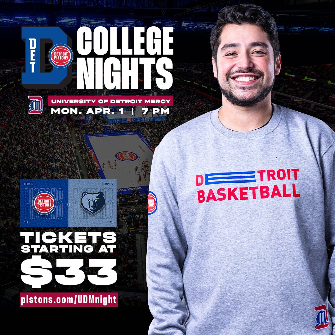 It's not too late! Join us tonight at LCA for UDM night as the @DetroitPistons take on the Grizzlies! Tip-off is at 7 PM and you can get a sweet Pistons/UDM crewneck sweater by getting your ticket at this link! pistons.com/udmnight