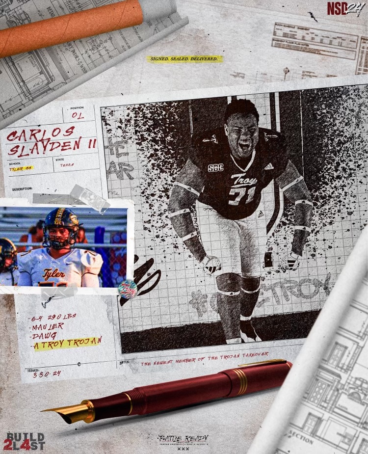 TroyTrojansFB's tweet photo. Welcome to the Family, @CarlosSlayden2!

#BattleReady | #OneTROY ⚔️🏈 https://t.co/rRCw25zNUS